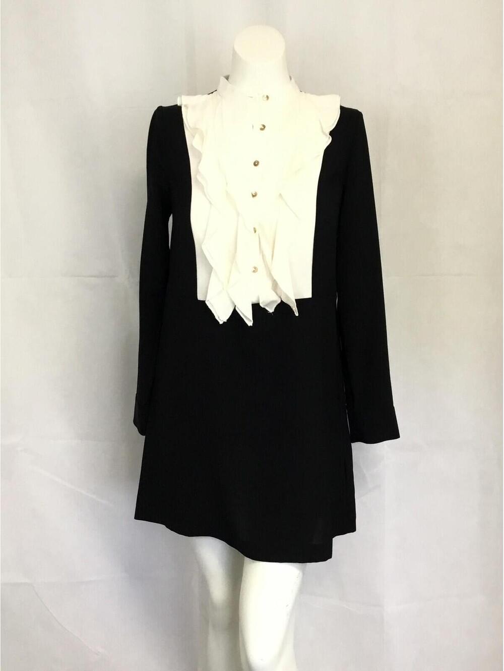 [368] Zara Dress Womens XS Black Colorblock High Neck Ruffle Bib Long Sleeve